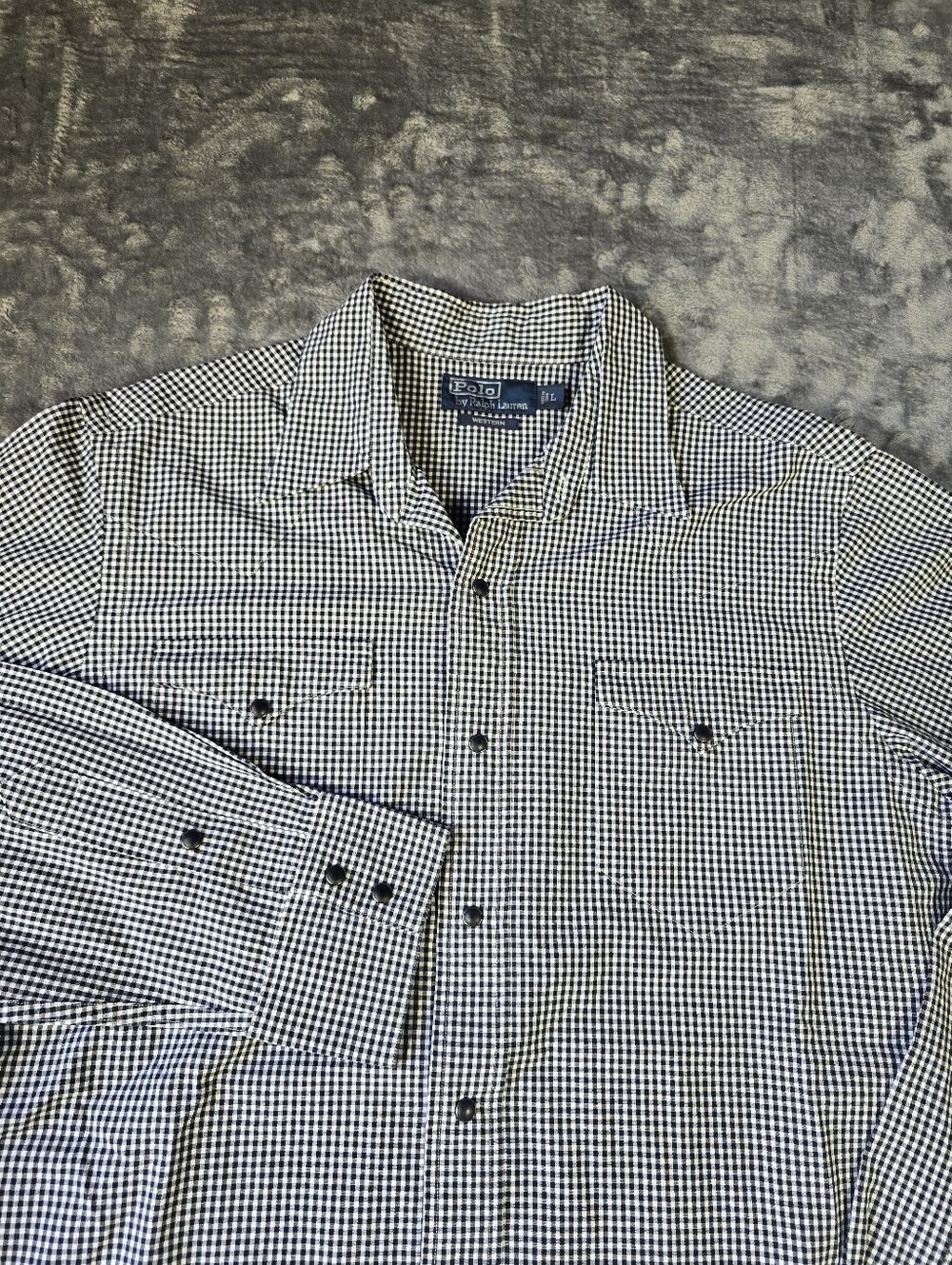 Polo Ralph Lauren Western Snap Button Up Shirt Size Large Gingham Check Black
